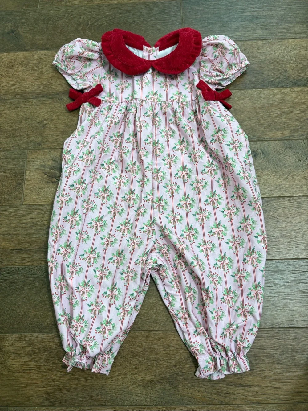 James & Lottie Christmas Bubble Romper Pink Holly Bows Red Cord Collar 18M